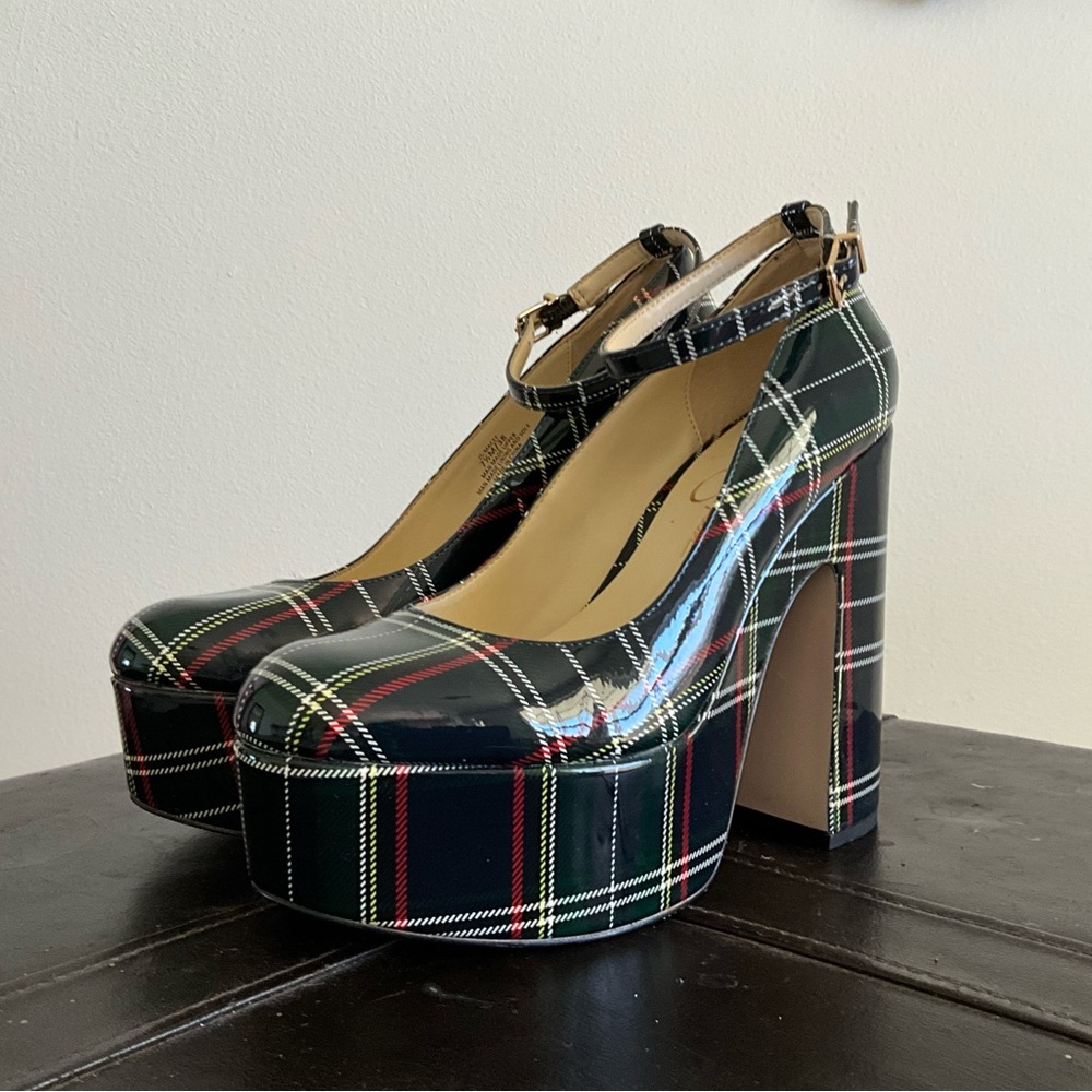 Jessica Simpson Black Green Plaid Platform ankle strap Mary Jane Heels 7.5 NWOT